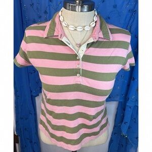 Casual Pink and Green Striped Polo Shirt